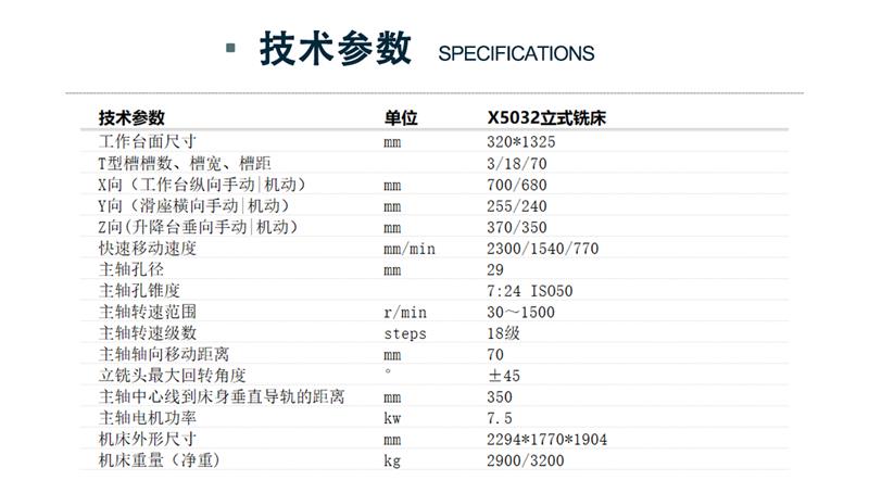 X5032立式升降臺(tái)銑床設(shè)備技術(shù)參數(shù)