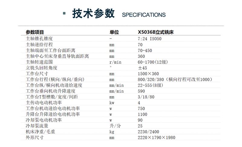 X5036B立式升降臺銑床設備技術參數(shù)